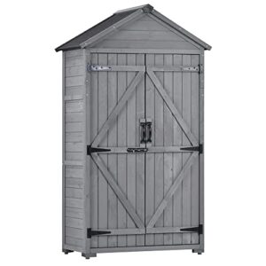 knocbel wooden outdoor garden storage shed with lockable doors and removable shelves, weather resistant tool shed for backyard patio lawn, 35.4″ w x 22.4″ d x 69.3″ h (gray)