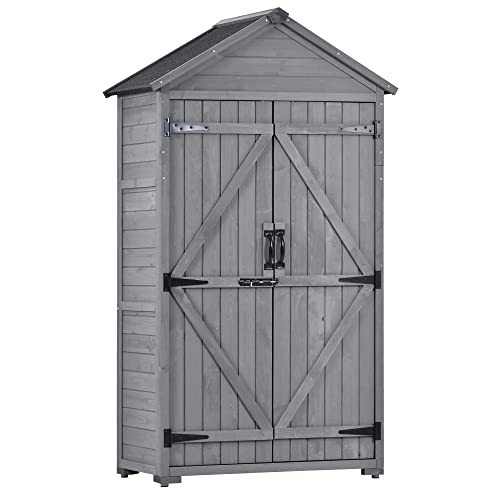 Knocbel Wooden Outdoor Garden Storage Shed with Lockable Doors and Removable Shelves, Weather Resistant Tool Shed for Backyard Patio Lawn, 35.4" W x 22.4" D x 69.3" H (Gray)