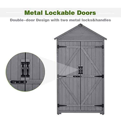 Knocbel Wooden Outdoor Garden Storage Shed with Lockable Doors and Removable Shelves, Weather Resistant Tool Shed for Backyard Patio Lawn, 35.4" W x 22.4" D x 69.3" H (Gray)