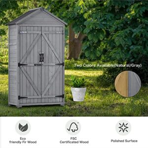 Knocbel Wooden Outdoor Garden Storage Shed with Lockable Doors and Removable Shelves, Weather Resistant Tool Shed for Backyard Patio Lawn, 35.4" W x 22.4" D x 69.3" H (Gray)