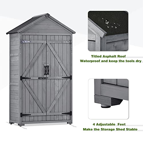 Knocbel Wooden Outdoor Garden Storage Shed with Lockable Doors and Removable Shelves, Weather Resistant Tool Shed for Backyard Patio Lawn, 35.4" W x 22.4" D x 69.3" H (Gray)