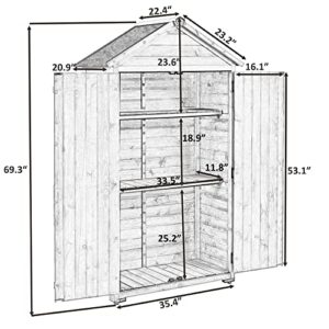 Knocbel Wooden Outdoor Garden Storage Shed with Lockable Doors and Removable Shelves, Weather Resistant Tool Shed for Backyard Patio Lawn, 35.4" W x 22.4" D x 69.3" H (Gray)