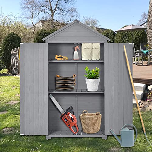 Knocbel Wooden Outdoor Garden Storage Shed with Lockable Doors and Removable Shelves, Weather Resistant Tool Shed for Backyard Patio Lawn, 35.4" W x 22.4" D x 69.3" H (Gray)