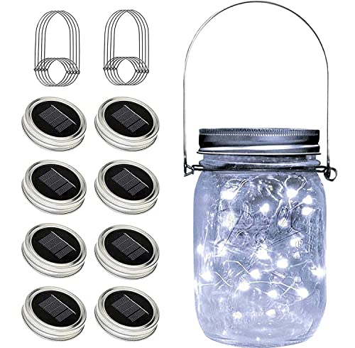 Ostritec Solar Mason Jar Lights Lids, 8 Pack 30 Led Fairy Lights(Jars Not Included), Outdoor Hanging Mason Jar Solar Lights, Fairy in a Jar Solar Firefly Lights for Patio Garden Table Decor