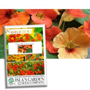 “mixed blend” nasturtium flower seeds for planting, 50+ flower seeds per packet, (isla’s garden seeds), non gmo & heirloom seeds, botanical name: tropaeolum majus, great home garden gift