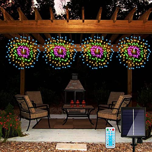 4 Pack Hanging Solar Firework Lights 800 LED Starburst Lights Copper Wire Outdoor Waterproof Lights 8 Modes Remote Control Fairy Decorative Lights for Patio Umbrella, Eave, Garden Tree (Multi-colored)