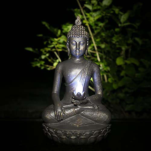 CHRUI Solar Outdoor Meditating Buddha Statue, 13 Inch Tall Antique Polyresin Statuary- Home & Outdoor Decor for Garden, Patio, Deck, Porch - Yard Art Decoration