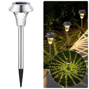 8 pack solar pathway lights outdoor – super bright 3000k solar garden lights with sunshine mark shadowing, waterproof stainless steel led landscape lights for lawn yard walkway decor, silver