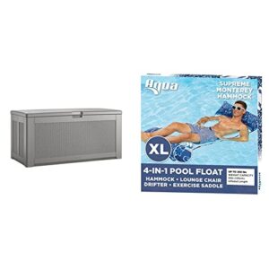 rubbermaid outdoor deck box, extra large, weather resistant, gray for lawn, garden, pool, tool storage, home organization & aqua 4-in-1 monterey supreme xl pool float & water hammock– orchid blue