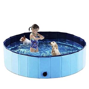 foldable dog pool for large dogs – kizmetkare portable kiddie pool plastic pet bath tub, outdoor dog swimming pool (xl – 63″ x12″)