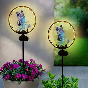 solar garden lights 2 pack metal fairy garden decor outdoor, waterproof led decorative fairy butterfly solar lights decoration for patio,yard, lawn – gardening gifts for wife mom grandma neighbors