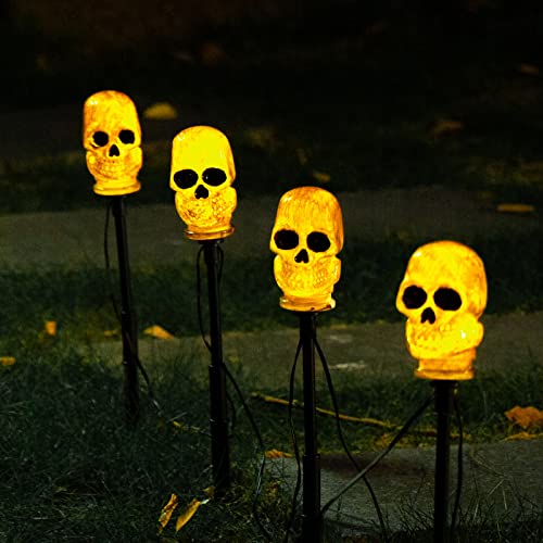 Halloween Decoration Lights Skull Stake Lights Halloween Lights String, 6FT x 4 LED Waterproof Skeleton Skull Pathway Lights for Garden Yard Tree Halloween Outdoor Indoor Decor, Lawn Props