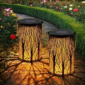 solar lanterns outdoor waterproof, 2 pack led hanging lanterns solar powered with handle waterproof, decorative retro metal solar light for table garden patio yard pathway walkway tree fence christmas