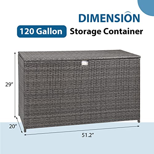JOIVI Outdoor Patio Storage Box Waterproof, 120 Gallon Wicker Storage Bin, Large Deck Box For Cushions, Garden Tools, Pool Toys, Gray