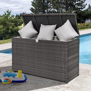 JOIVI Outdoor Patio Storage Box Waterproof, 120 Gallon Wicker Storage Bin, Large Deck Box For Cushions, Garden Tools, Pool Toys, Gray