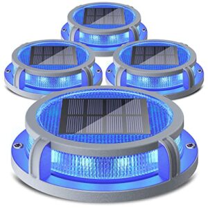 siedinlar solar deck lights outdoor 2 modes 16 leds driveway markers dock light solar powered waterproof for ground step stair pathway walkway garden yard road 4 pack (blue/red)