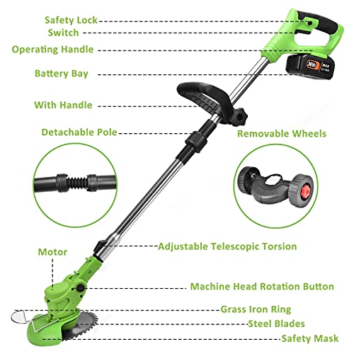 Cordless String Trimmer Weed Wacker 24V Brush Cutter Battery Powered 4.0Ah Foldable Weed Eater with Wheels for Lawn Garden Pruning & Trimming