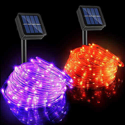 Solar Halloween Rope Lights Outdoor, 2 Pack 33 ft 100 LED 8 Modes Solar Orange Purple String Lights, Solar Powered Waterproof Tube Lights for Halloween Tree Garden Fence Yard Party Outdoor Decorations