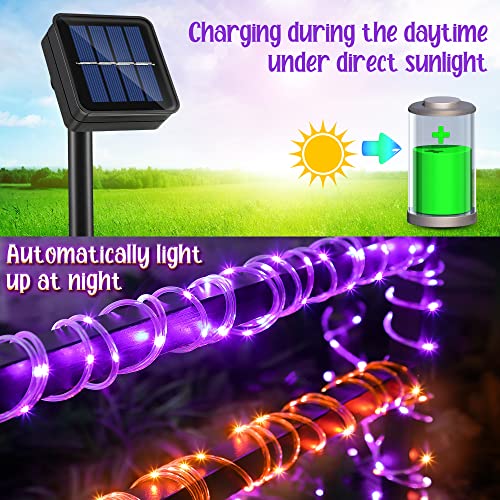 Solar Halloween Rope Lights Outdoor, 2 Pack 33 ft 100 LED 8 Modes Solar Orange Purple String Lights, Solar Powered Waterproof Tube Lights for Halloween Tree Garden Fence Yard Party Outdoor Decorations