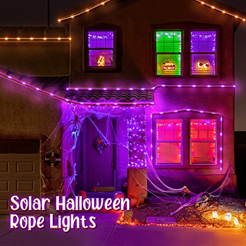 Solar Halloween Rope Lights Outdoor, 2 Pack 33 ft 100 LED 8 Modes Solar Orange Purple String Lights, Solar Powered Waterproof Tube Lights for Halloween Tree Garden Fence Yard Party Outdoor Decorations