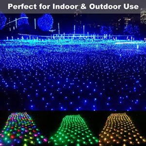 300 LED Blue Solar Net Lights, 14.8ft x 5ft Christmas Mesh String Lights Connectable 8 Modes, Waterproof Solar Fairy Lights Plug in for Halloween Xmas Bushes Garden Wedding Holiday Party Decor