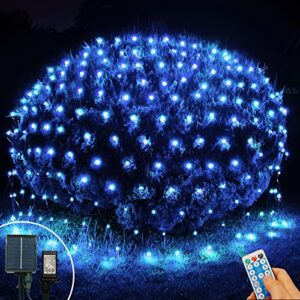 300 led blue solar net lights, 14.8ft x 5ft christmas mesh string lights connectable 8 modes, waterproof solar fairy lights plug in for halloween xmas bushes garden wedding holiday party decor