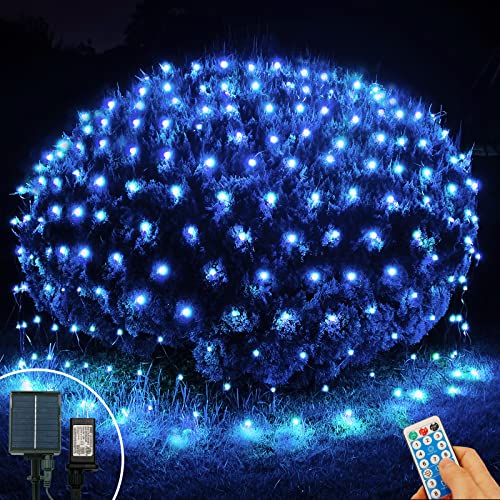 300 LED Blue Solar Net Lights, 14.8ft x 5ft Christmas Mesh String Lights Connectable 8 Modes, Waterproof Solar Fairy Lights Plug in for Halloween Xmas Bushes Garden Wedding Holiday Party Decor