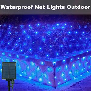 300 LED Blue Solar Net Lights, 14.8ft x 5ft Christmas Mesh String Lights Connectable 8 Modes, Waterproof Solar Fairy Lights Plug in for Halloween Xmas Bushes Garden Wedding Holiday Party Decor