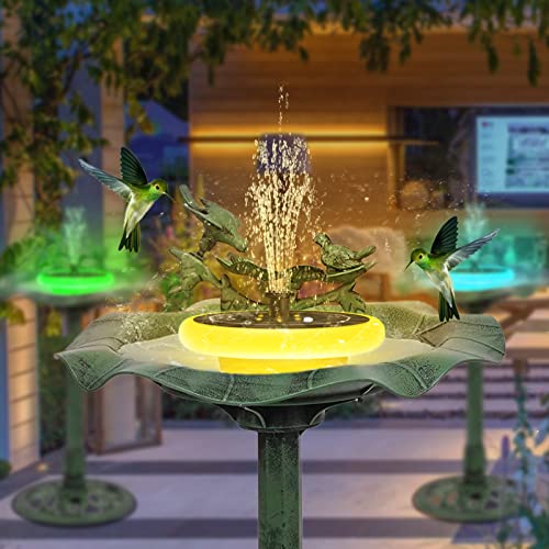 Solar Fountain Pump with RGB Lights Bird Bath Fountain with 6 Nozzles Free Standing Floating Solar Powered Water Fountain Pump for Patio Garden Bird Bath Pond Outdoor Pool