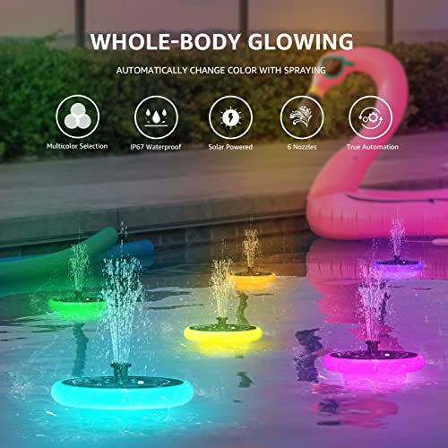 Solar Fountain Pump with RGB Lights Bird Bath Fountain with 6 Nozzles Free Standing Floating Solar Powered Water Fountain Pump for Patio Garden Bird Bath Pond Outdoor Pool