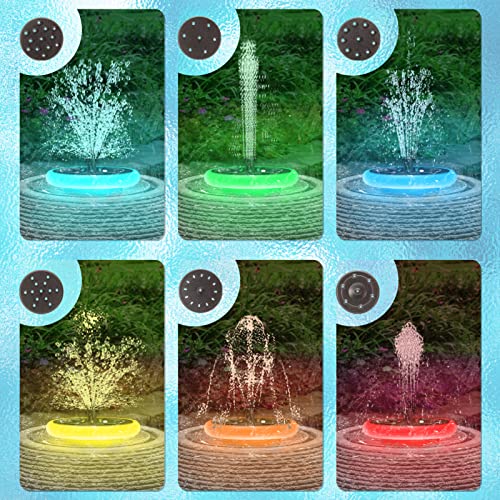 Solar Fountain Pump with RGB Lights Bird Bath Fountain with 6 Nozzles Free Standing Floating Solar Powered Water Fountain Pump for Patio Garden Bird Bath Pond Outdoor Pool