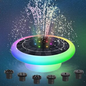 Solar Fountain Pump with RGB Lights Bird Bath Fountain with 6 Nozzles Free Standing Floating Solar Powered Water Fountain Pump for Patio Garden Bird Bath Pond Outdoor Pool