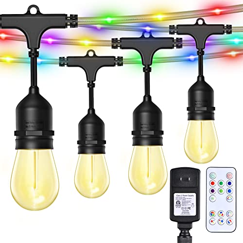 Docusvect Outdoor LED String Lights with RGB Fairy Lights, 48FT 15 Shatterproof Edison Bulbs + (2 Spare) Heavy-Duty Decorative IP65 Waterproof Connectable Hanging Patio Lights for Garden, Balcony