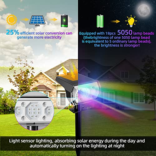 Halogotta 2 Pack Solar Spot Lights Outdoor Color Changing, IP67 Waterproof Outdoor Solar Lights with 18 LEDs, Multicolor Solar Landscape Spotlights for Yard, Garden, Gate, Fence, Pathway, Patio