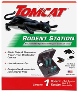 tomcat rodent station, includes 1 rodent station with 4 bait securing rods and 1 security key – fits rat or mouse sized traps (baits & traps sold separately) – use indoors or outdoors