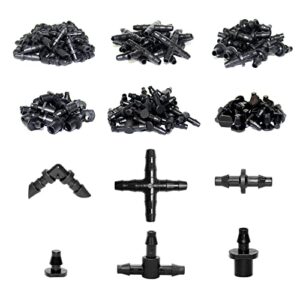 irrigation fittings kit drip barbed tubing connectors for 1/4 inch tube, flower pot garden lawn 280 pcs ( elbows, end plug, straight barbs, tees, 4-way coupling (1/4″ irrigation fittings kit, black)