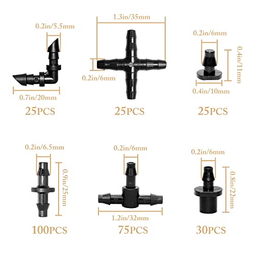Irrigation Fittings Kit Drip Barbed Tubing Connectors for 1/4 Inch Tube, Flower Pot Garden Lawn 280 Pcs ( Elbows, End Plug, Straight Barbs, Tees, 4-Way Coupling (1/4" Irrigation Fittings Kit, Black)