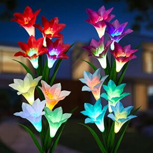 outdoor solar flower lights – 4 pack solar garden lights color changing with 16 lager lily flowers, waterproof solar garden stake lights for lawn patio pathway yard farm wedding decoration