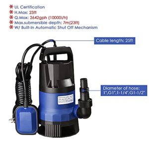 Yescom 3/4HP 2642GPH 550W Submersible Water Pump Copper Motor Clean/Dirty Pumps Automatic Float Switch for Swimming Pool Garden Tub Pond Flood Drain