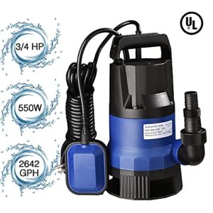 Yescom 3/4HP 2642GPH 550W Submersible Water Pump Copper Motor Clean/Dirty Pumps Automatic Float Switch for Swimming Pool Garden Tub Pond Flood Drain