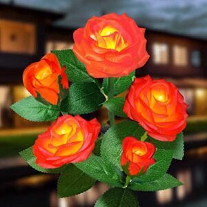 ywywled solar flower lights outdoor – upgraded new material two modes realistic led solar powered waterproof lights with 5 roses, solar decorative stake lights for garden (orange, 1 pack)