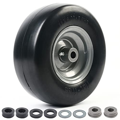 LotFancy 11x4.00-5” Lawn Mower Tire on Wheel, Flat Free, 5/8" or 3/4" Bushings, 3.4"-4"-4.5"-5" Centered Hub, Smooth Tread Tire for Zero Turn Mowers