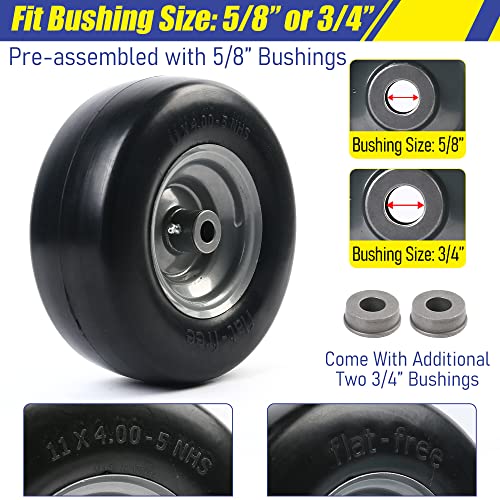 LotFancy 11x4.00-5” Lawn Mower Tire on Wheel, Flat Free, 5/8" or 3/4" Bushings, 3.4"-4"-4.5"-5" Centered Hub, Smooth Tread Tire for Zero Turn Mowers