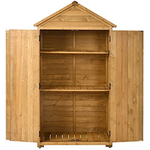 DANGRUUT Upgraded Version Thicken Solid Wood Outside Storage Sheds, Garden Wooden Arrow Shed, Fir Wood Tool Lockers with Waterproof Asphalt Roof, Workstation, 3-Tier Shelves for Backyard (Natural)