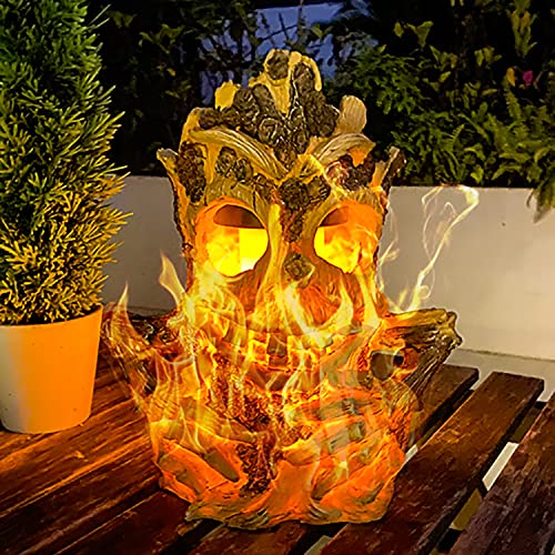 Solar Lights Outdoor Garden Statues Tiki Decor Stump on Fire Halloween Figurine Lights Large Solar Flickering Flame Light Waterproof Suitable for Table Yard Garden Patio Pathway Holiday Decor