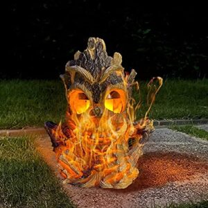 Solar Lights Outdoor Garden Statues Tiki Decor Stump on Fire Halloween Figurine Lights Large Solar Flickering Flame Light Waterproof Suitable for Table Yard Garden Patio Pathway Holiday Decor