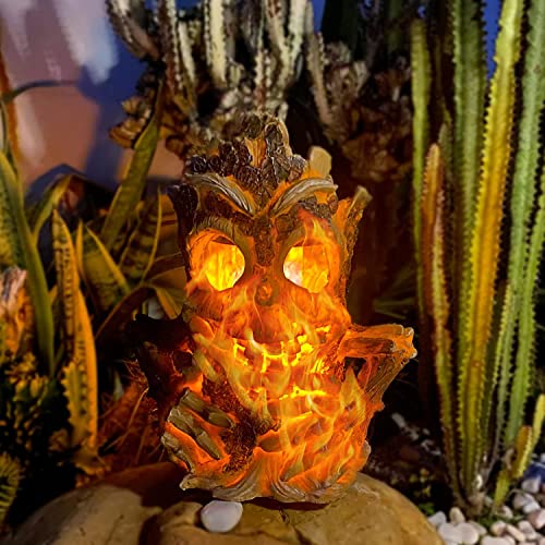 Solar Lights Outdoor Garden Statues Tiki Decor Stump on Fire Halloween Figurine Lights Large Solar Flickering Flame Light Waterproof Suitable for Table Yard Garden Patio Pathway Holiday Decor