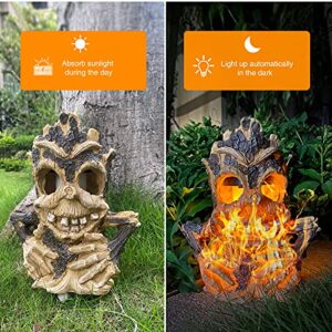 Solar Lights Outdoor Garden Statues Tiki Decor Stump on Fire Halloween Figurine Lights Large Solar Flickering Flame Light Waterproof Suitable for Table Yard Garden Patio Pathway Holiday Decor