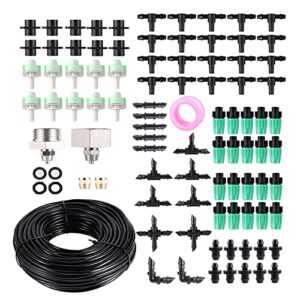 Garden Micro Spray Irrigation System,80 FT/25 M Mist Irrigation Kits with 1/4" Distribution Hose Adjustable Nozzle Emitters,Automatic Patio Misting Sprinkler Plant Watering System Barbed Fittings