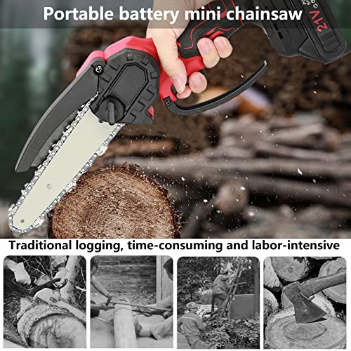 Electric Chainsaw Battery Powered, Rechargeable Cordless High-Power Motor Chain Saw, Handheld Small Chainsaw for Wood Trees Farm Garden Ranch Forest Cutting Red